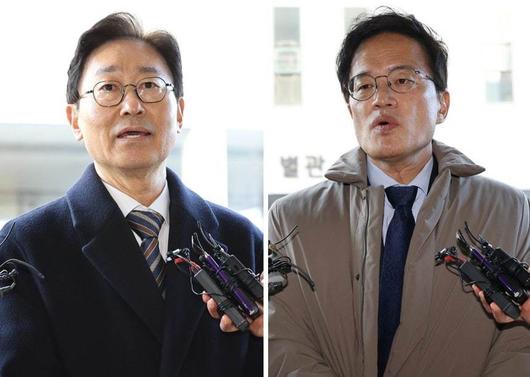 더불어민주당 박범계(왼쪽), 박주민 의원이 28일 서울 양천구 서울남부지방법원에서 열린 국회 패스트트랙(신속처리안건) 충돌 사건 관련 결심공판에 각각 출석하며 취재진의 질문에 답하고 있다. 사진=뉴시스