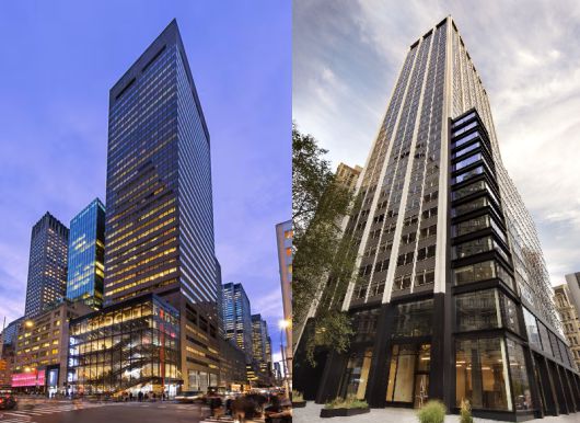 키움증권(왼쪽)과 토스증권(오른쪽)이 각각 임차해 쓰고 있는 뉴욕 맨해튼 오피스 빌딩의 모습. 증권사는 업무 특성상 뉴욕의 가장 중심가 오피스를 구하곤 한다. 쿠시먼앤드웨이크필드 제공