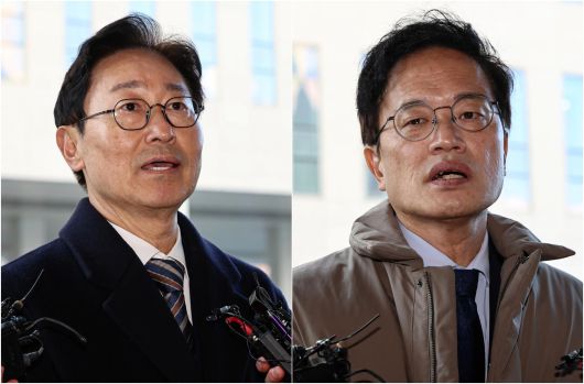 박범계, 박주민 더불어민주당 의원이 28일 서울 양천구 남부지방법원에서 열린 국회 패스트트랙(신속처리안건) 충돌 사건 관련 결심 공판에 출석하며 취재진 질문에 답하고 있다.  2025.11.28/뉴스1