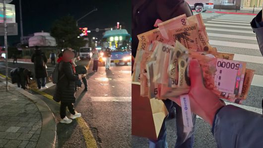 떨어진 지폐를 모아 경찰관에게 전달하는 시민들. A 씨는 “상황이 급박해 잘 보지는 못했지만, 대다수 시민들이 경찰에게 지폐를 돌려줬다”고 회상했다. 스레드 @kiki39n 캡처