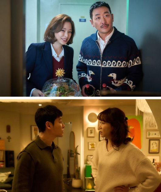 영화 ‘윗집 사람들’에서 윗집 부부(하정우, 이하늬)와 아랫집 부부(공효진, 김동욱). 바이포엠스튜디오 제공