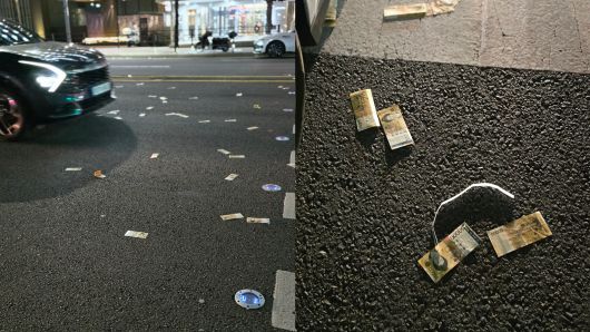 바닥에 나뒹구는 5만원권 지폐. 이 장소는 을지로4가 1번 출구 앞 횡단보도로, 당시 바람이 많이 불어 횡단보도 주변을 나뒹굴고 있었다. 스레드 @kiki39n 캡처