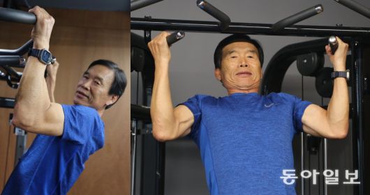 정환일 창신INC 회장이 부산 사하구 다대동 사무실에 마련한 피트니스 도구에서 턱걸이 하고 있다. 1980년부터 달리기 시작한 정 회장은 2013년 뇌동맥류 진단을 받은 뒤 근육운동으로 전환해 턱걸이를 한때  한 번에 33개까지 하는 등 건강한 노련을 만들어 가고 있다. 부산=양종구 기자 yjongk@donga.com