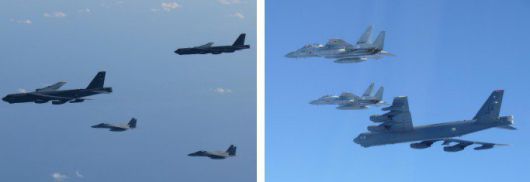 10일 미군의 B-52 전략폭격기 2대와 일본 항공자위대의 F-35 전투기와 F-15 전투기 각각 3대가 동해 공역에서 전술 훈련을 실시하는 모습. (사진=통합막료감부 보도자료 갈무리)