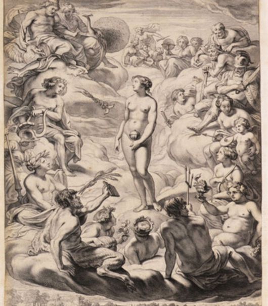 17세기 화가 코르넬리스 블루마르트 2세의 판화. 올림포스의 신들에게 둘러싸여 구경거리가 된 판도라를 표현했다. 사진 출처 산페르난도 왕립미술아카데미