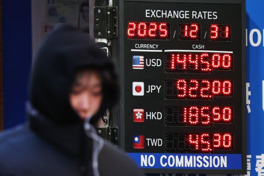 31일 서울 중구 명동 환전소 전광판에 환율 시세가 표시돼 있다. 지난해 12월 30일 서울 외환시장에서 원-달러 환율은 전 거래일보다 9.2원 오른 1439.0원으로 마지막 주간 거래를 마쳤다. 지난해 원-달러 환율은 연말 종가 기준으로 역대 세 번째로 높았다. 뉴스1