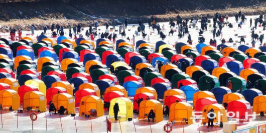 평창송어축제가 9일 개막해 다음달 9일까지 열린다. 사진은 지난해 축제장의 텐트낚시터와 얼음낚시터 풍경. 평창송어축제위원회 제공
