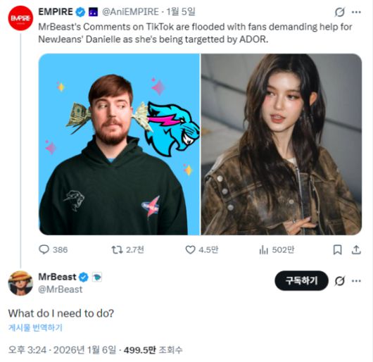 일부 뉴진스 팬이 “뉴진스를 구해달라”는 캠페인을 벌인다는 기사에 “내가 뭘 해야 하지?”라고 반응하는 미스터비스트. 엑스 갈무리