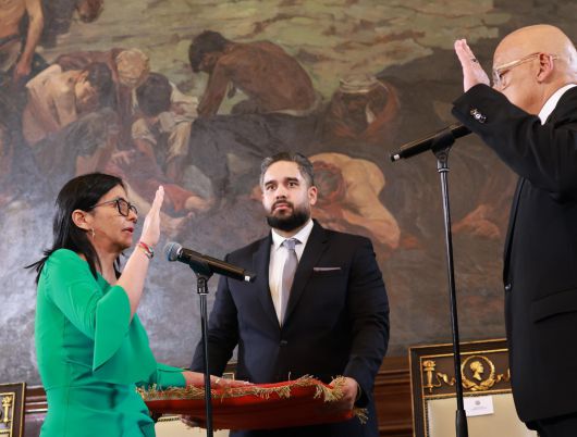 부통령은 임시 대통령 취임 같은 날 이틀 전 미국에 의해 축출된 마두로 대통령을 대신해 임시 대통령에 취임한 델시 로드리게스 전 부통령(왼쪽)이 수도 카라카스 국회에서 취임 선서를 하고 있다. 카라카스=AP 신화 뉴시스