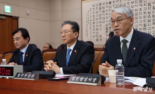 2차특검과 무인기 이슈 설전 안규백 국방부 장관과 정성호 법무부 장관,천대엽 법원행정처장이 12일 서울 여의도 국회에서 열린 법제사법위원회 전체회의에 참석하고 있다. 이훈구 기자 ufo@donga.com
