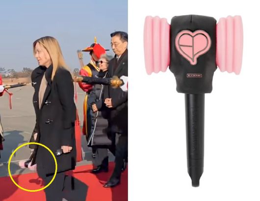 조르자 멜로니 이탈리아 총리와 딸 지네브라가 전용기에서 내리면서 블랙핑크 응원봉을 들고있는 모습. 조르자 멜로니 이탈리아 총리 유튜브 쇼츠 캡처