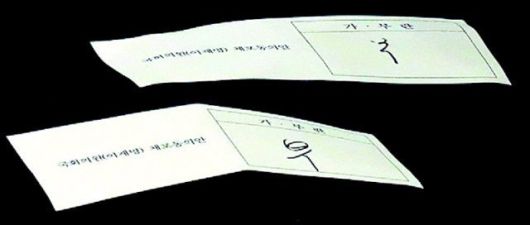 2023년 2월 27일 국회 본회의에서 당시 더불어민주당 이재명 대표에 대한 체포동의안은 부결됐지만 무효표 논란으로 개표에만 84분이 걸리는 이례적인 상황이 벌어졌다. 부결을 뜻하는 ‘부(否)’라고 쓰였는지 확실치 않아 무효표 논란을 일으킨 2표. 결국 위 표는 ‘무효’, 아래 표는 ‘부결’ 처리됐다.