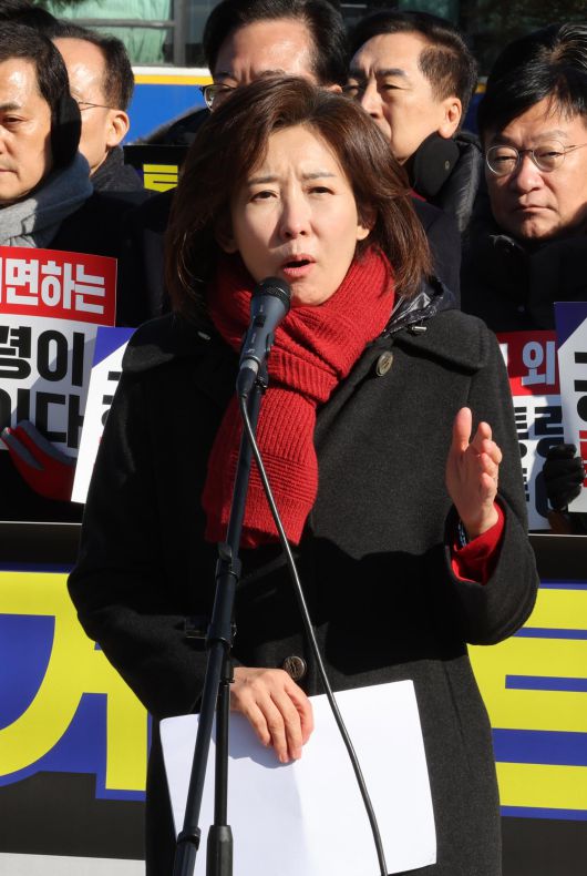 나경원 국민의힘 의원이 20일 오전 서울 종로구 청와대 앞 분수대에서 통일교 게이트, 공천 뇌물 특검 즉각 수용 촉구 발언을 하고 있다. 2026.01.20. 뉴시스
