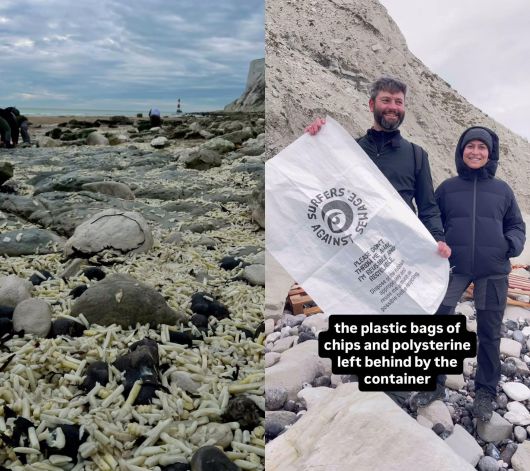 감자튀김으로 뒤덮힌 해변(왼쪽)과 해변 정화 작업에 나선 자원봉사자들(오른쪽). 페이스북 @plasticfreeeastbourne
