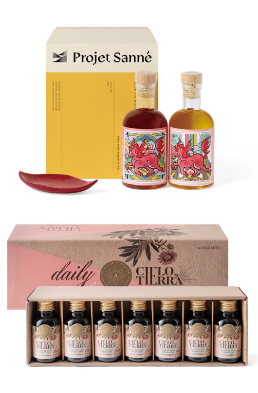 신세계가 이날 선보인 하우스오브신세계 청담 단독 설 선물세트 ‘프로제산내 엑스트라버진 참기름 2종 세트’와 ‘씨엘로 이 띠에라 유기농 미니 올리브오일 세트’. 소비 추세가 양극화되며 ‘초프리미엄’ 설 선물세트도 늘고 있다. 신세계백화점 제공