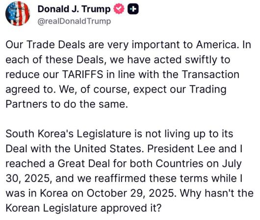 트럼프 대통령이 SNS에 올린 ‘한국 관세 협상’.  트루스소셜 캡처