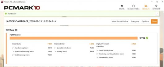 PCMARK 10 벤치마크 결과다. 총점은 3,764점이며, 스프레드시트와 같은 생산성 작업에서 높은 점수를 기록했다.