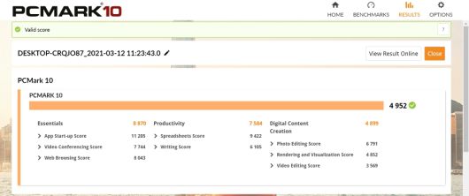 PCMark 10 총점은 4,952점으로, 전반적으로 준수한 성능을 보여준다.