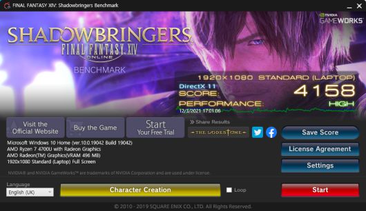 ‘파이널 판타지 14: 칠흑의 반역자’ 벤치마크는 FHD 해상도에 스탠다드(랩톱)로 진행했다. 결과는 4,158점, ‘높음’ 등급을 획득해 온라인 게임을 즐기기에도 무리 없다.