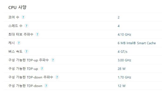 2코어 4스레드 구성을 지녔고 최대 4.1GHz로 작동한다.