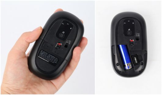 바닥 덮개를 열면 AA 건전지 1개가 들어가며, 무선 리시버가 수납된다. 전원 버튼과 연결 모드 변경 버튼이 위치한다.