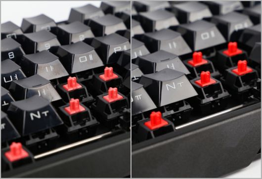 MX BOARD 3.0S 저소음 적축 스위치(좌)와 적축 스위치(우). ​​​​​​​육안으론 거의 차이 없으나 적축 스위치가 더 또렷한 붉은색을 띈다.