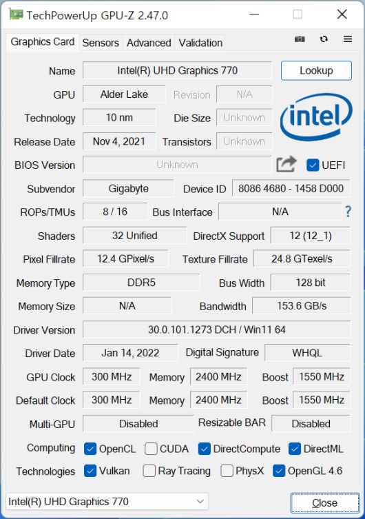 GPU-Z를 통해 내장 그래픽을 확인했다. 코어 i9-12900K에는 인텔 UHD 그래픽스 770이 탑재되었다.