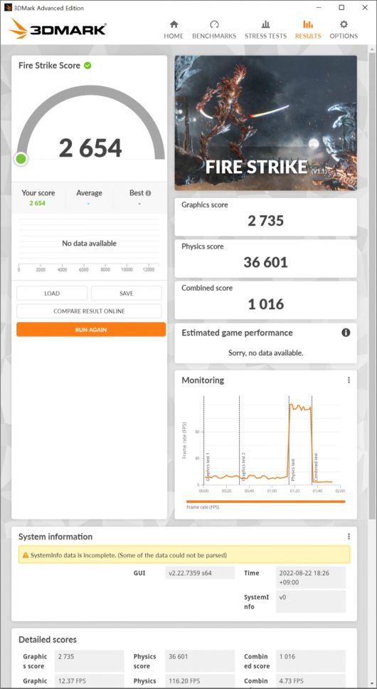 3D마크 파이어 스트라이크 벤치마크 결과다. 그래픽 스코어 2,735점을 기록했다. 앞서 테스트를 진행했던 인텔 UHD 그래픽스 630의 그래픽 스코어는 1,221점이었으며, 인텔 UHD 그래픽스 750의 그래픽 스코어는 2,386점이었다. 인텔 UHD 그래픽스 770이 인텔 UHD 그래픽스 750보다 약 14.6% 성능이 높아졌다.