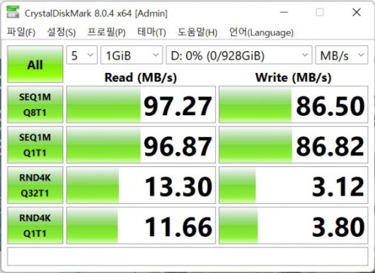 512GB와 1TB의 속도를 확인해보니 연속 읽기 속도가 100MB/s에 달하는 것을 확인할 수 있었다.