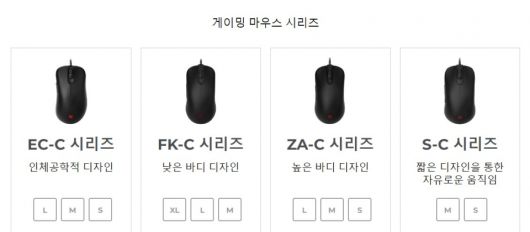조위의 게이밍 마우스 라인업. 4가지 시리즈가 존재하며 각 시리즈마다 3가지(S 시리즈는 2가지) 다른 크기의 마우스가 제공된다.