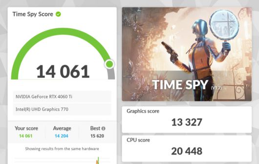 3D마크 타임 스파이 벤치마크 결과다. 그래픽 스코어 13,327점을 기록했다.