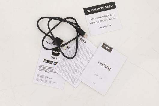 이어폰 본체, 충전 케이스를 제외하면 USB Type-A to C 케이블과 매뉴얼이 동봉된다.