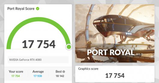 레이 트레이싱 성능을 측정하는 포트로얄 벤치마크 결과다. 그래픽 스코어 17,754점을 기록했다.
