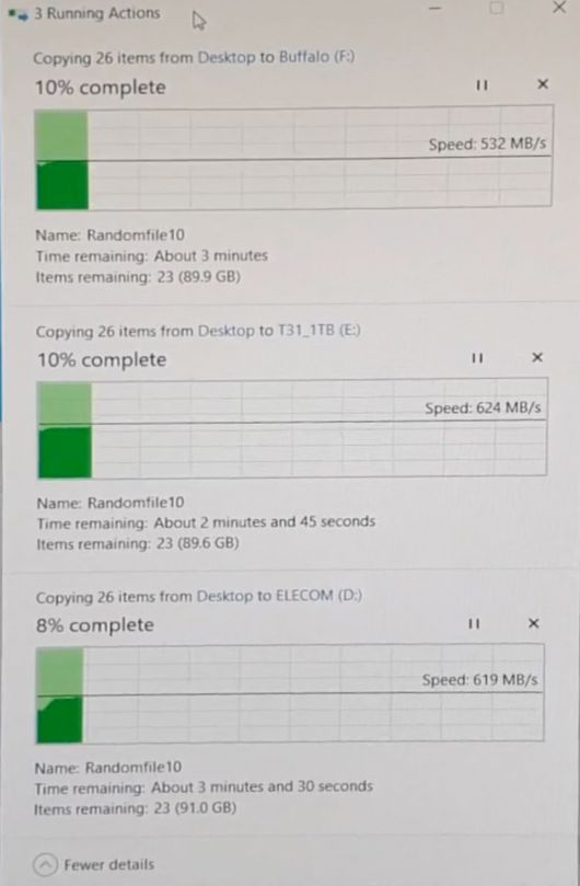 스틱형 외장 SSD 모두 초기(10%) 속도는 500~600MB/s 이상의 빠른 성능을 보여줬다.