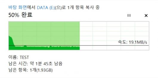 Tube T31(위)와 USB 메모리(아래)의 각각 복사가 50% 진행된 상태에서의 전송 속도와 남은 시간 비교.