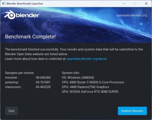 Blender는 오픈소스 3D 그래픽 제작 소프트웨어로, 샘플 파일을 이용한 렌더링 성능 벤치마크를 제공한다. 동일한 샘플의 분당 처리 횟수를 비교하는 벤치마크이다.