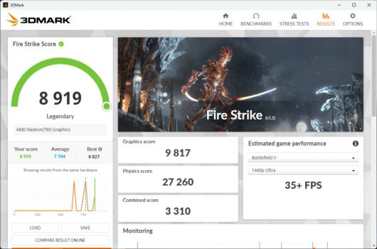파이어 스트라이크 벤치마크 그래픽스 스코어: 9,817점