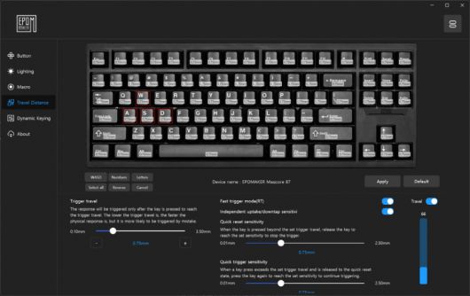 원하는 키만 선택해 입력 높이나 빠른 해제 감도, 빠른 입력 감도 높이도 세세하게 설정할 수 있다. 옆에 Travel 설정에서 키 감도를 확인할 수도 있다.