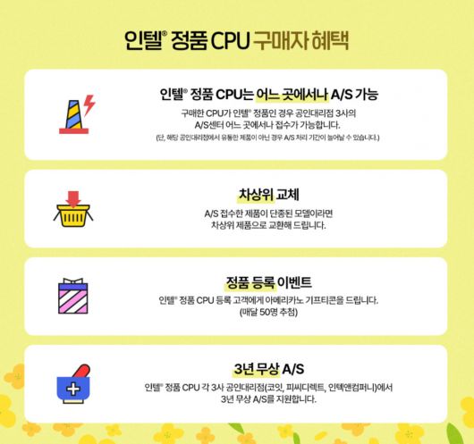 정품 스티커에 있는 CPU의 시리얼 넘버를 확인해 등록하면 정품 혜택을 누릴 수 있다. 3년 무상 A/S나 단종된 모델이라면 차상위 제품으로 교환하는 등 인텔 정품 CPU 구매자 혜택이 제공된다.