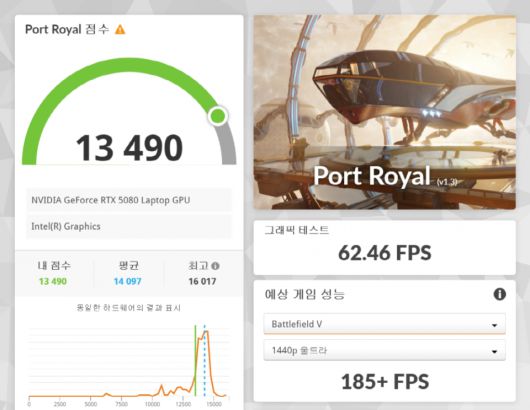 3D마크 ’포트 로얄‘ 벤치마크 결과다. 그래픽 테스트 62.46FPS, 총점 13,490점을 기록했다.