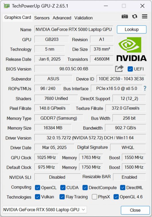GPU-Z로 탑재된 GPU를 확인했다. 엔비디아 지포스 RTX 5080 랩톱 GDDR7 16GB가 탑재됐다.
