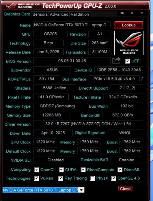 외장 GPU는 엔비디아 지포스 RTX 5070 Ti 랩톱이 탑재됐다. 내장 GPU는 AMD 라데온 890M 그래픽스를 탑재했다. 라데온 880M이라고 적혀있는데 라이젠 AI 9 HX 370에는 내장 GPU로 라데온 890M이 탑재된다.