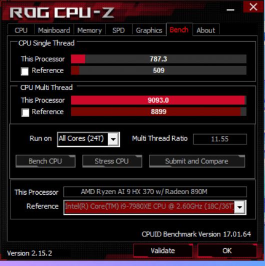 CPU는 AMD 라이젠 AI 9 HX 370을 탑재했다. 12코어 24스레드를 갖춘 고성능 CPU다. CPU-Z로 CPU 성능을 확인해 봤다. 싱글 스레드 787.3점, 멀티 스레드 9,093점을 기록했다. 멀티 스레드 성능이 36스레드 구성의 데스크톱용 인텔 코어 i9-7980XE보다 높다.