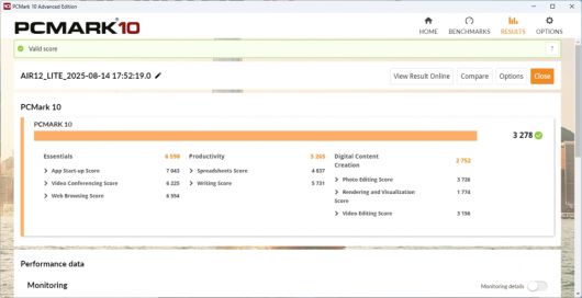 PCMARK 10 벤치마크에서는 3,278점을 기록했다.