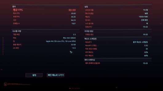 사이버펑크 2077 M4 맥미니의 기본 설정 테스트, 초당 30프레임으로 안정적인 게임을 할 수 있다.