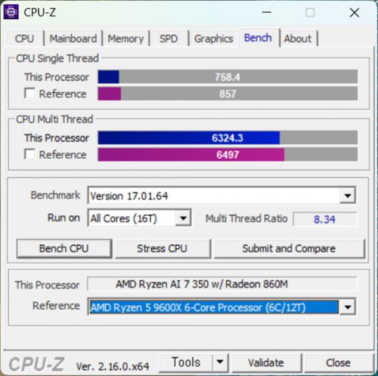CPU 멀티 스레드 성능은 데스크톱용 AMD 라이젠 5 9600X와 비슷하다.
