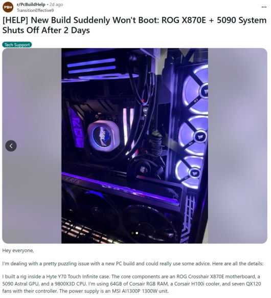 라이젠 7 9800X3D 사망 사례. (이미지 출처 : 레딧)