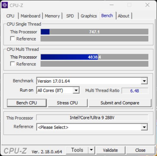 CPU-Z 벤치마크를 통해 인텔 코어 울트라 9 288V의 성능을 확인했다.