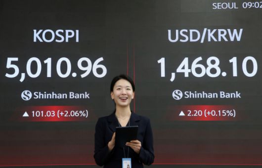 코스피 5000을 돌파한 신한은행 본점 모습. 사진=신한은행