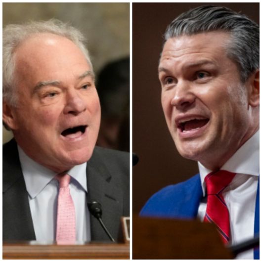 현지시간 1월 14일 헤그세스 국방장관 후보자 인사청문회에서 민주당 팀 케인 상원의원(왼쪽)과 피트 헤그세스 국방장관(오른쪽)의 모습. (사진=연합뉴스)